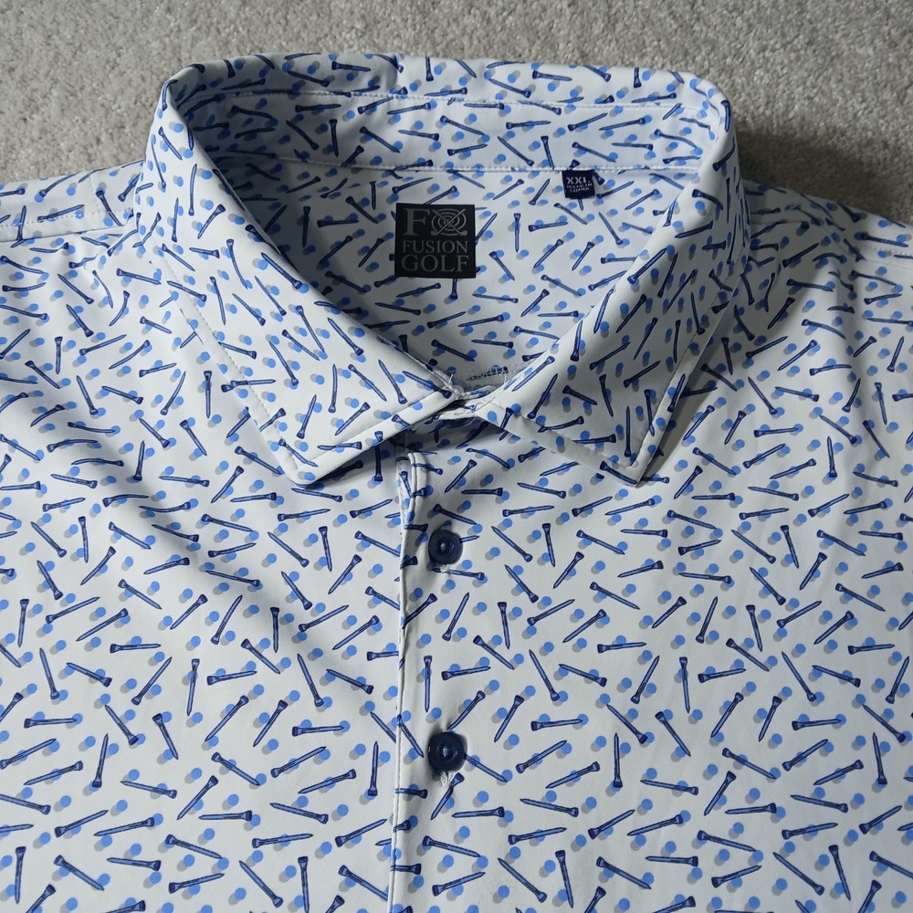 F/X Fusion Mens 2XL S/S Golf apparel featuring a pattern of blue golf tees